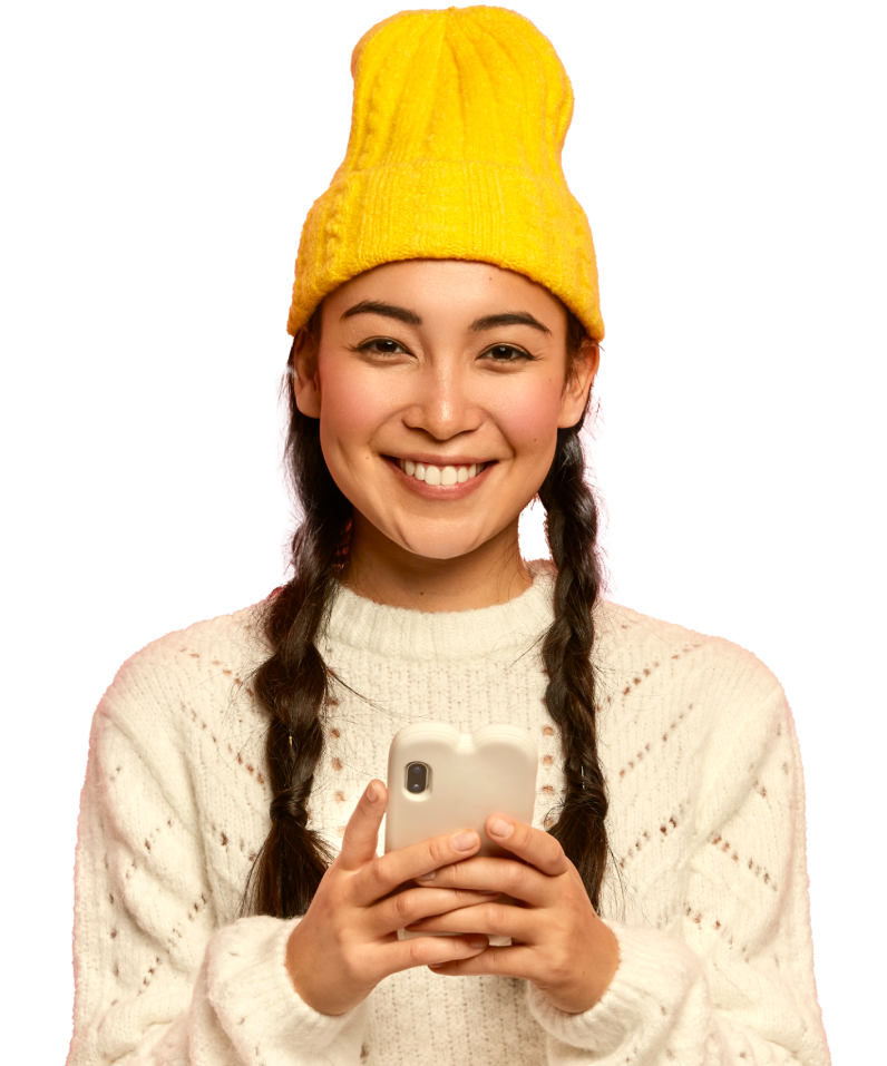 Smiling customer holding her phone
