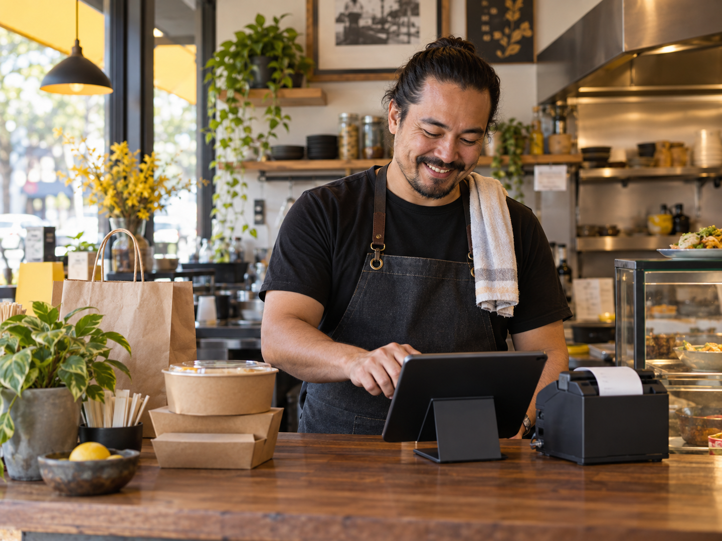 Illustration of a restaurant owner using a tablet beside a receipt printer
